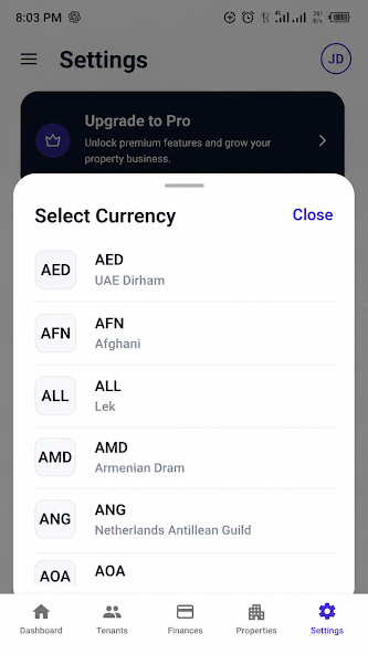 LandlordPro settings screenshot with currency selection